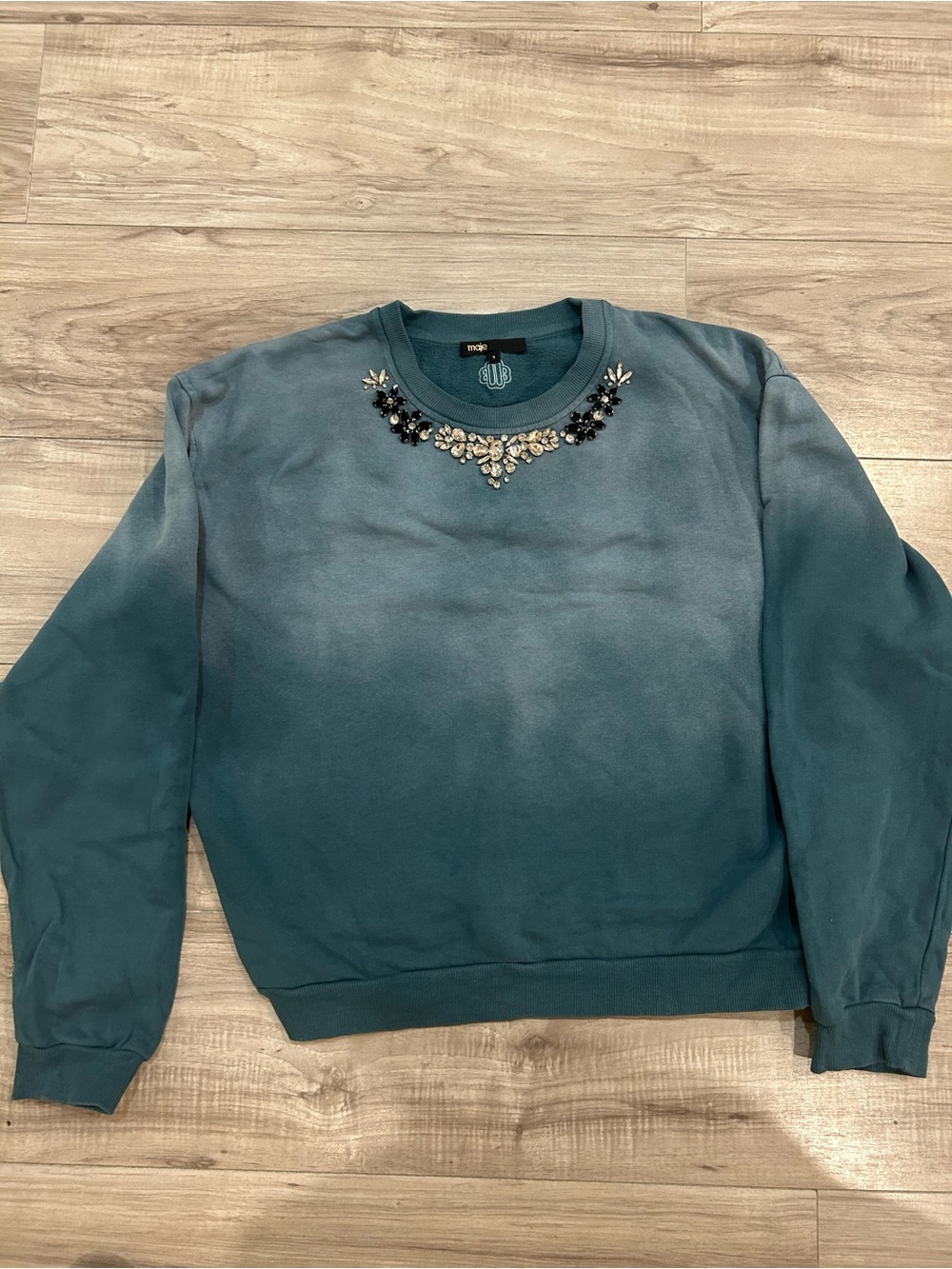 Maje Teal Embellished Crewneck Sweater